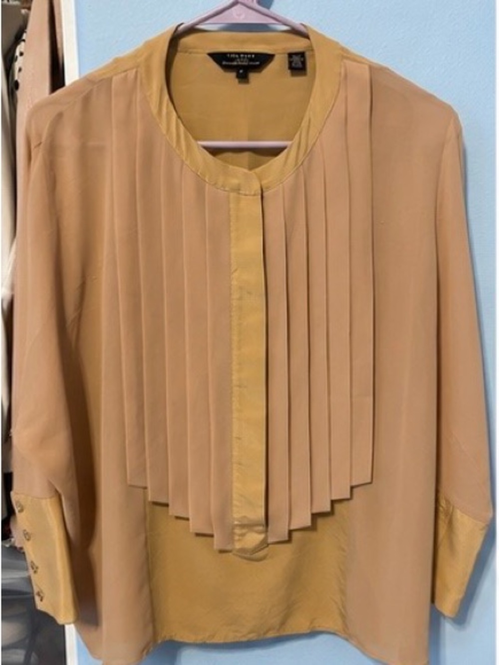 Ted Baker London Pleated Silk Trim Blouse Camel Tan Size 2 NWOT